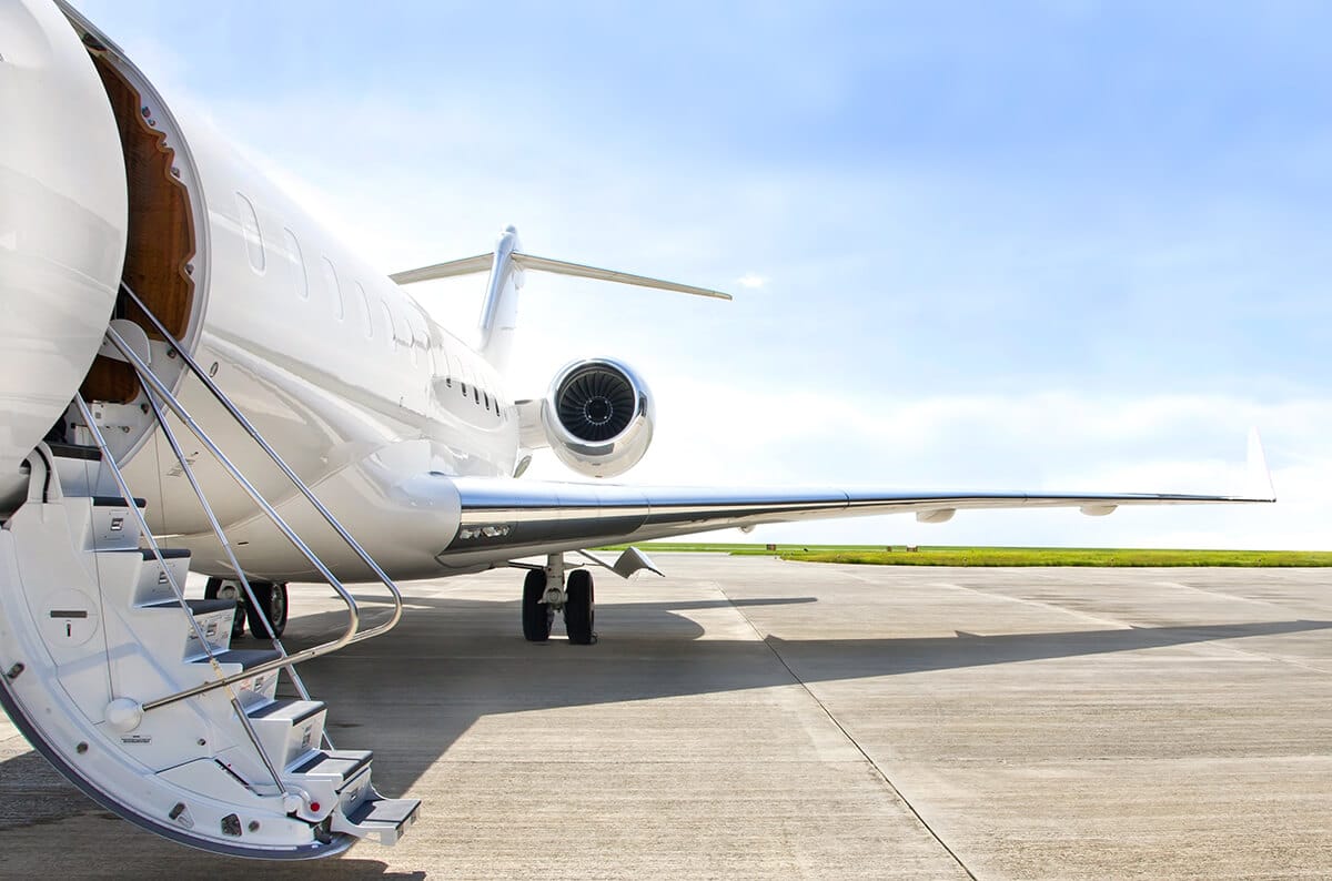 Private Jet on tarmac ready for boarding with steps down