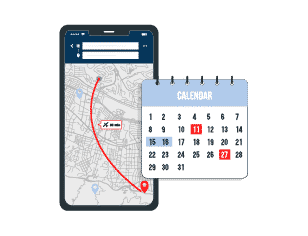 A smartphone showing a flight route on a map and a calendar with dates selected.